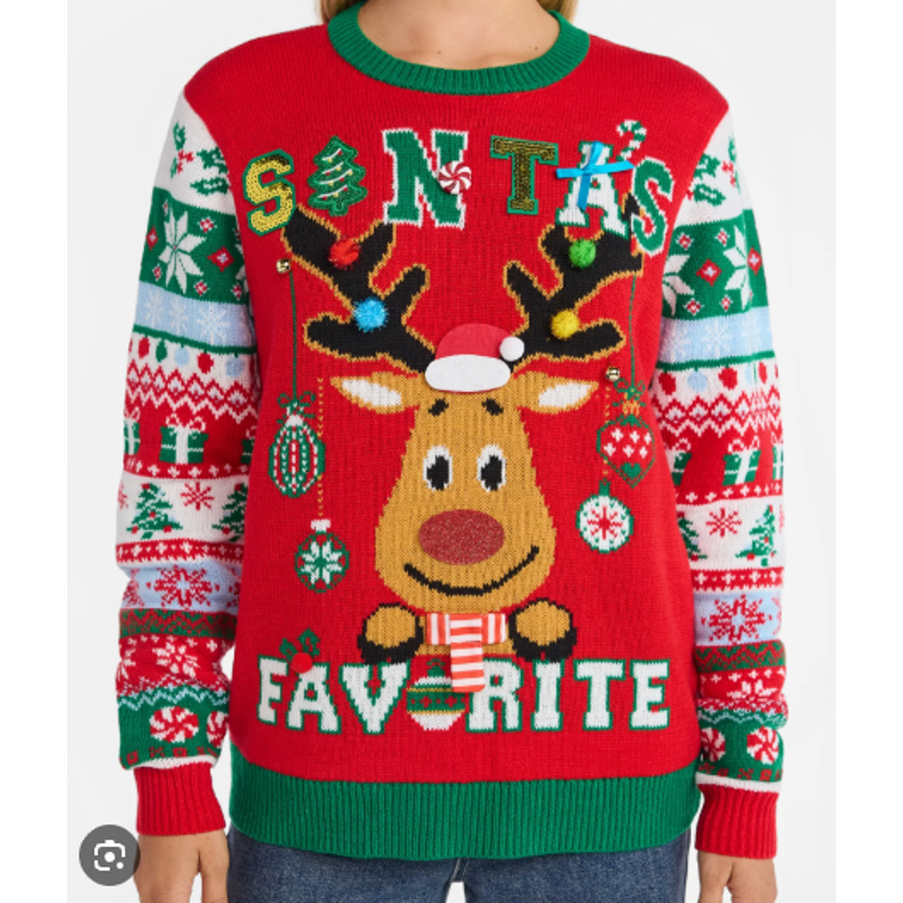 No Boundaries Christmas Sweater L Pullover Tunic Ugly Sweater Nerdy Deer‎ bows